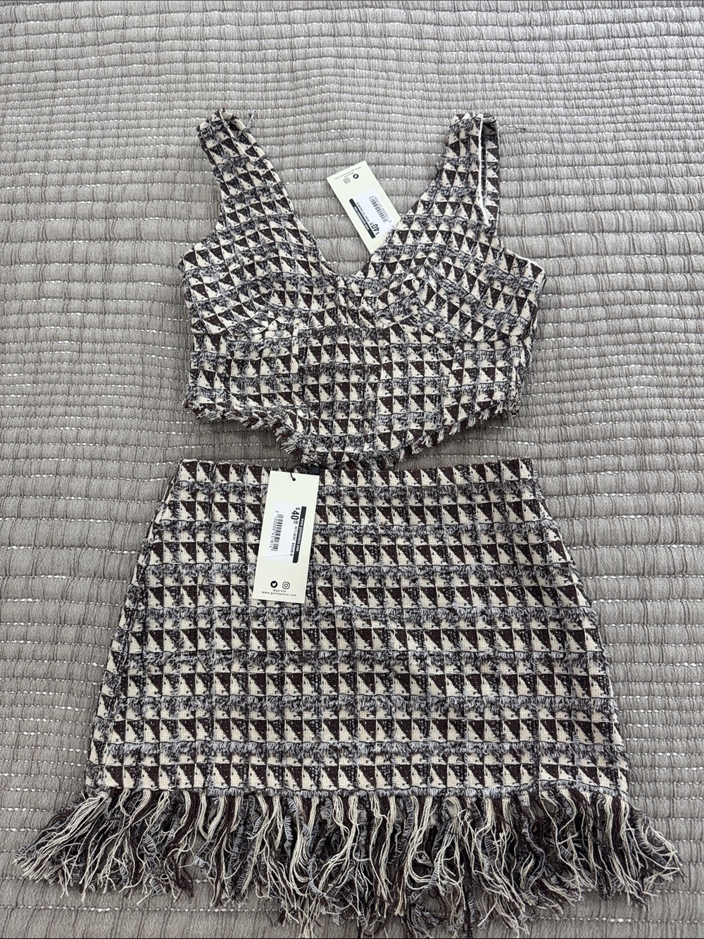 Two-Piece Fringe Tweed Set in Black and Cream